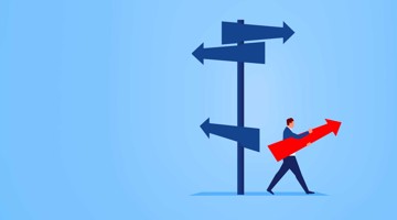 Un homme en costume marche avec une grande flèche rouge vers un panneau d'affichage comportant plusieurs flèches pointant dans différentes directions.