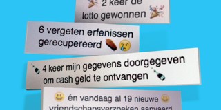 Verschillende berichten over oplichting waarbij geld en persoonsgegevens worden beloofd, voorzien van bijpassende emoji's.