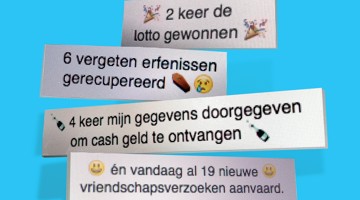 Verschillende berichten over oplichting waarbij geld en persoonsgegevens worden beloofd, voorzien van bijpassende emoji's.