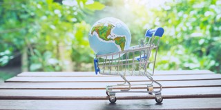 Un chariot de courses avec un globe sur le dessus, dans un environnement naturel et verdoyant, symbolise la durabilité et la responsabilité mondiale.
