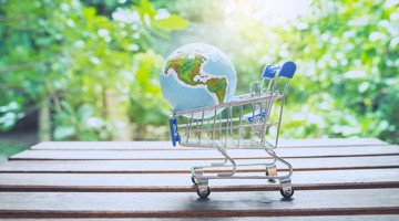 Un chariot de courses avec un globe sur le dessus, dans un environnement naturel et verdoyant, symbolise la durabilité et la responsabilité mondiale.