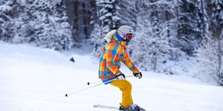 Un skieur en tenue colorée glisse sur une pente enneigée, entouré d'arbres couverts de neige.