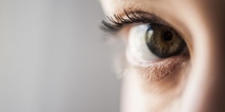 Un gros plan d'un œil humain avec une iris verte riche et de longs cils.