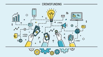 Infographie sur le crowdfunding avec des illustrations d'argent, de personnes, d'un ordinateur portable, d'un smartphone et d'une ampoule, reliés par des réseaux et des symboles.