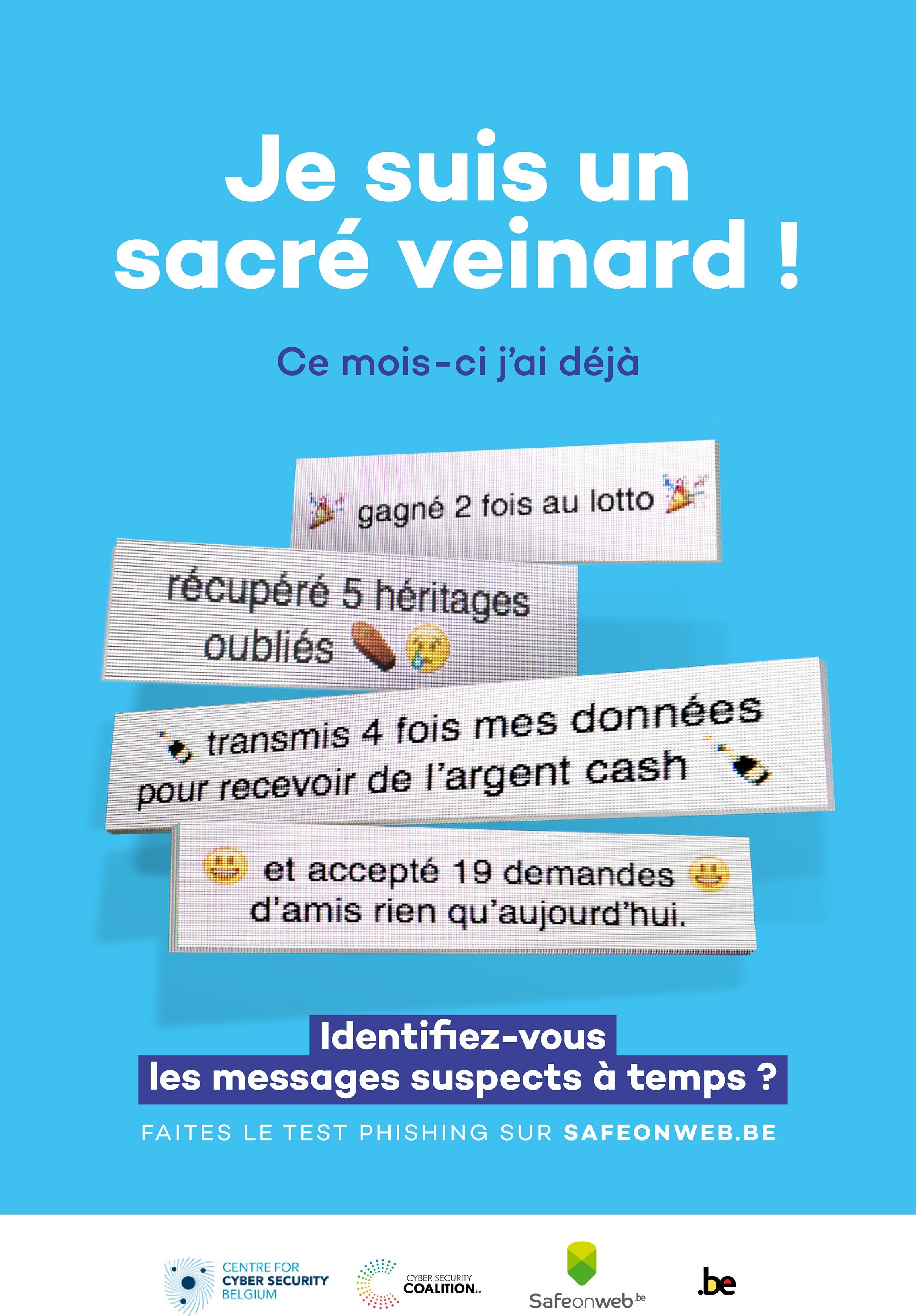 Quatre messages décrivant le bonheur : des gains à la loterie, des héritages oubliés et de nombreuses demandes d'amis.