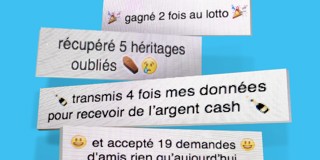 Quatre messages décrivant le bonheur : des gains à la loterie, des héritages oubliés et de nombreuses demandes d'amis.