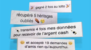 Quatre messages décrivant le bonheur : des gains à la loterie, des héritages oubliés et de nombreuses demandes d'amis.