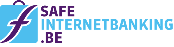 Logo de safeinternetbanking.be sur fond bleu clair avec la lettre f violette.