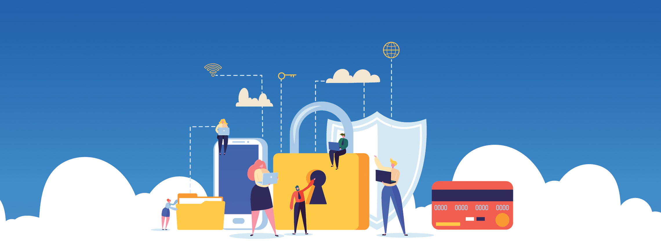 Illustratie van digitale beveiliging met een vergrendeld slot, smartphones, cloudopslag en mensen die veilig informatie delen.