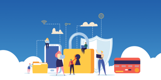 Illustratie van digitale beveiliging met een vergrendeld slot, smartphones, cloudopslag en mensen die veilig informatie delen.