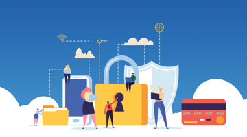 Illustratie van digitale beveiliging met een vergrendeld slot, smartphones, cloudopslag en mensen die veilig informatie delen.