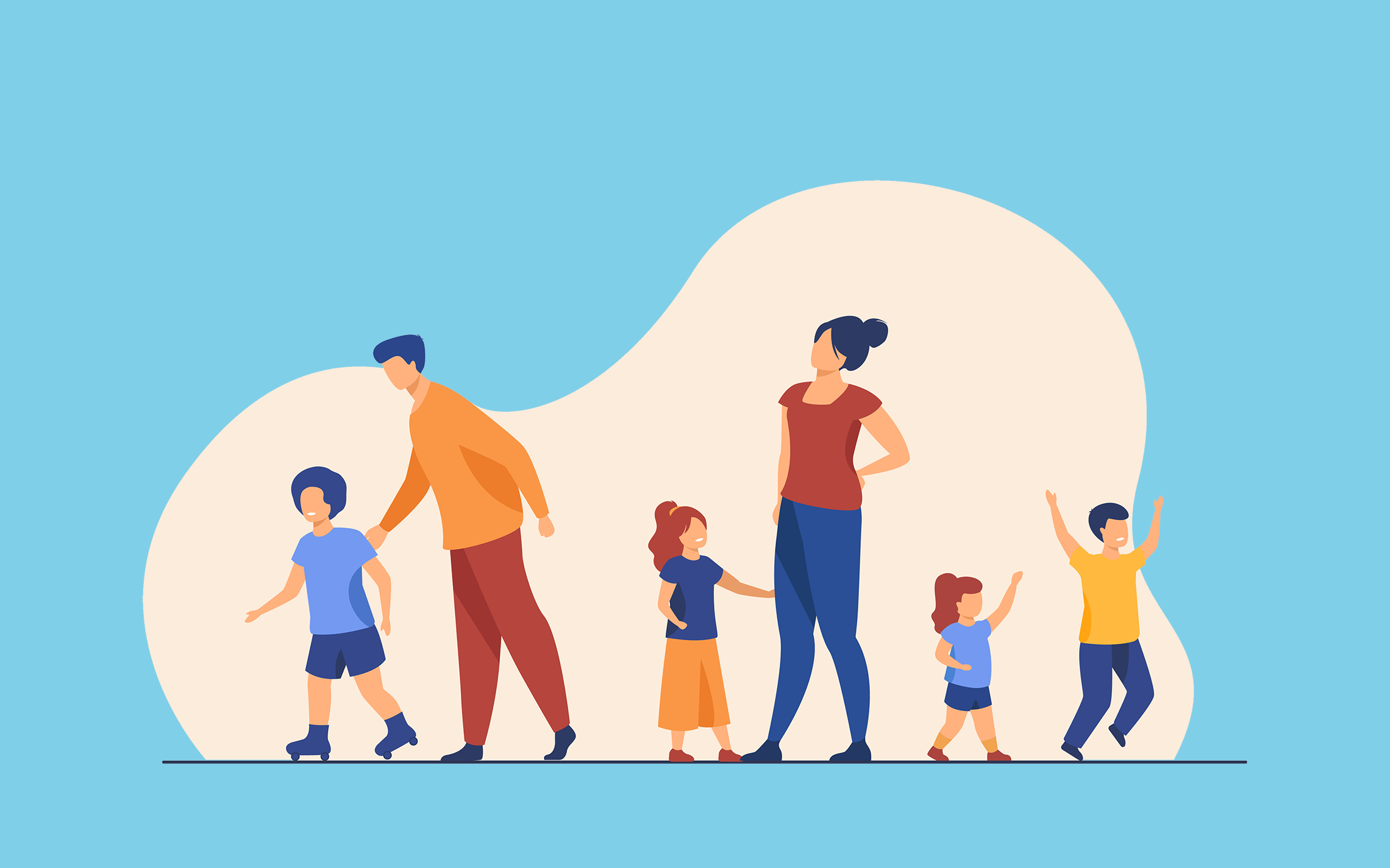 Een diverse groep mensen, waaronder kinderen en volwassenen, wandelt vrolijk verder tegen een heldere, kleurrijke achtergrond.