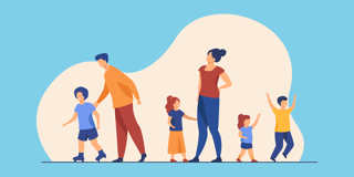 Een diverse groep mensen, waaronder kinderen en volwassenen, wandelt vrolijk verder tegen een heldere, kleurrijke achtergrond.