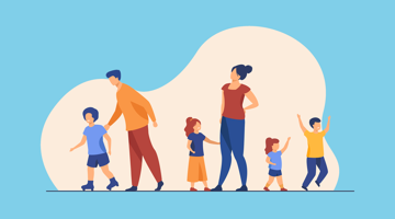 Een diverse groep mensen, waaronder kinderen en volwassenen, wandelt vrolijk verder tegen een heldere, kleurrijke achtergrond.