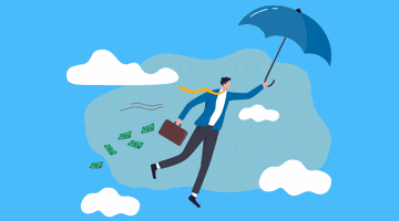 Man met een paraplu die met een aktetas in de hand door de lucht zweeft, omringd door geld en wolken.