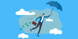 Un homme en costume bleu vole avec un parapluie, tandis que des billets de banque tourbillonnent autour de lui, sur un fond bleu clair.