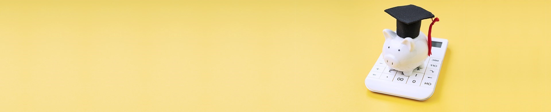 Een wit spaarvarken met een afstudeerhoedje staat op een rekenmachine, wat financiële educatie symboliseert.