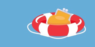 Rode reddingsboei met gele vlotter op een blauwe achtergrond.