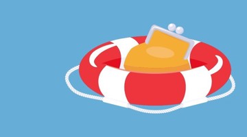 Rode reddingsboei met gele vlotter op een blauwe achtergrond.