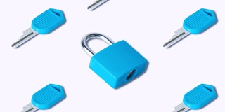 Blauwe hangslot omringd door blauwe sleutels op een lichte achtergrond, symbool voor veiligheid en bescherming.