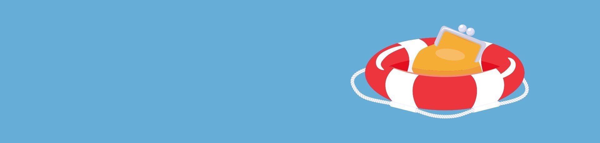 Bouée de sauvetage rouge avec un flotteur jaune, sur fond bleu.