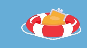 Bouée de sauvetage rouge avec un flotteur jaune, sur fond bleu.