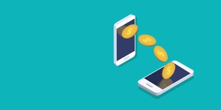 Twee smartphones waarbij digitale munten van het ene toestel naar het andere worden overgemaakt.
