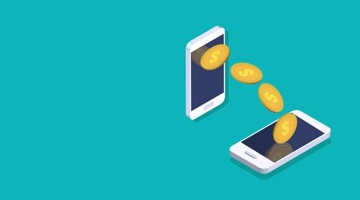 Twee smartphones waarbij digitale munten van het ene toestel naar het andere worden overgemaakt.