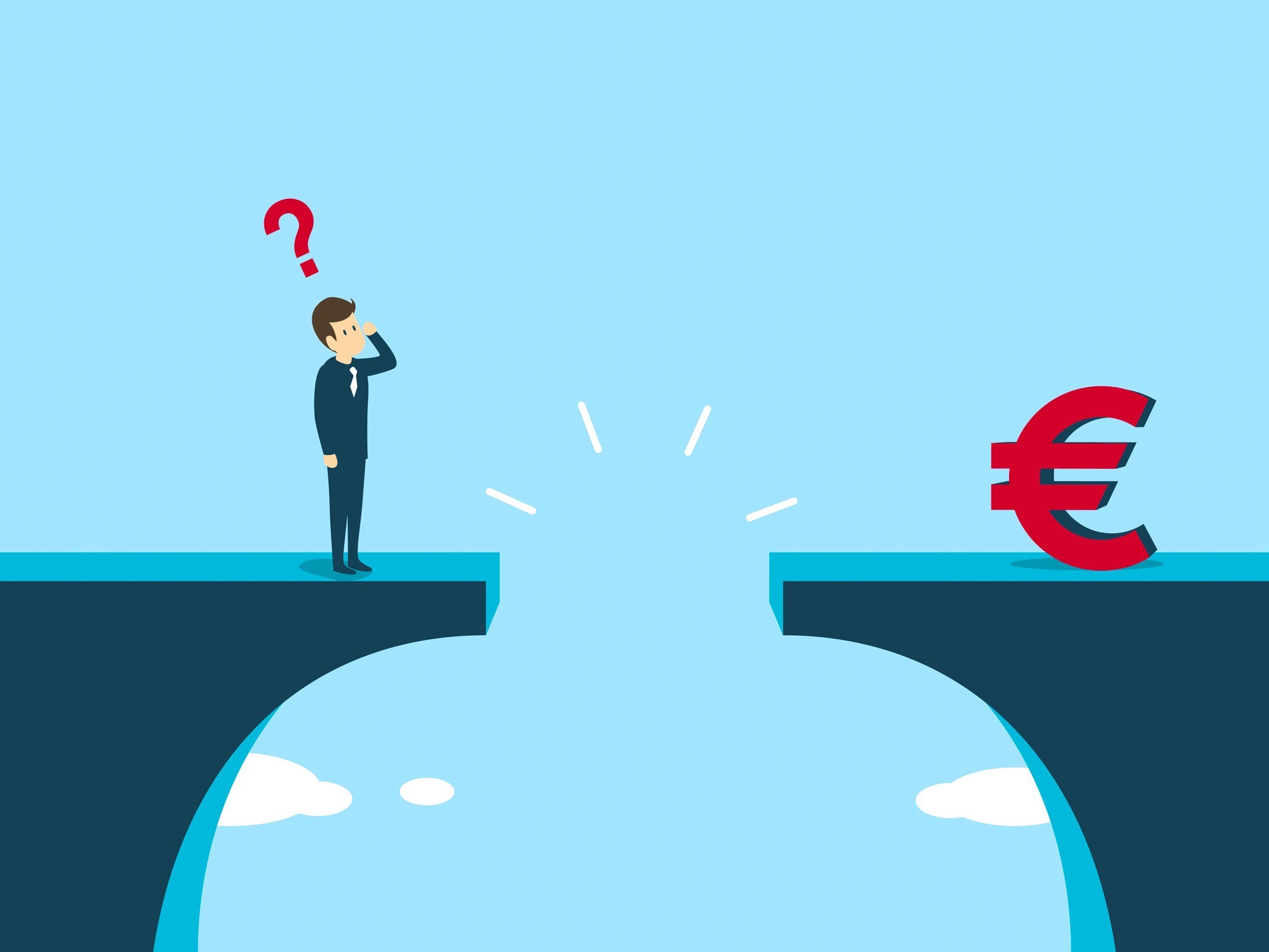 Man in een pak staat twijfelend aan de rand van een kloof, met een groot euroteken aan de overkant.