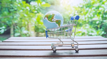 Een winkelwagentje met een globe erop, staat op een houten tafel in een groene, natuurlijke omgeving.