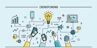 Illustratie van crowdfunding met handen die geld overmaken, een lamp die ideeën symboliseert, en verschillende communicatiemiddelen zoals een laptop en smartphone.