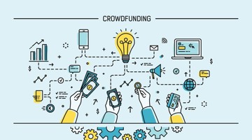 Illustratie van crowdfunding met handen die geld overmaken, een lamp die ideeën symboliseert, en verschillende communicatiemiddelen zoals een laptop en smartphone.