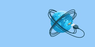 Een blauwe wereldbol omgeven door netwerkkabels, met een USB-aansluiting voor digitale verbinding.