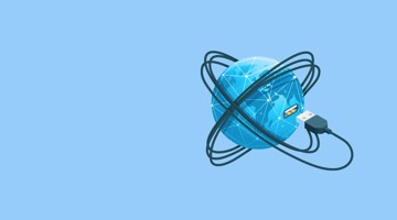 Een blauwe wereldbol omgeven door netwerkkabels, met een USB-aansluiting voor digitale verbinding.