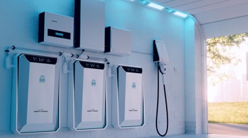 Trois batteries blanches et une station de recharge pour véhicules électriques, placées sur un mur clair avec une lueur bleue.