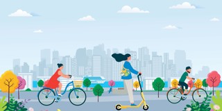Des femmes sur des bicyclettes et un trottinette électrique, avec une ville et des arbres colorés en arrière-plan.