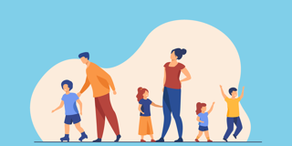 Un groupe divers d'adultes et d'enfants marche ensemble sur un fond clair, les adultes regardant attentivement les enfants.