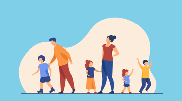 Un groupe divers d'adultes et d'enfants marche ensemble sur un fond clair, les adultes regardant attentivement les enfants.