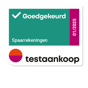 Goedkeuring label van Testaankoop voor spaarrekeningen, geldig tot 01/2025.