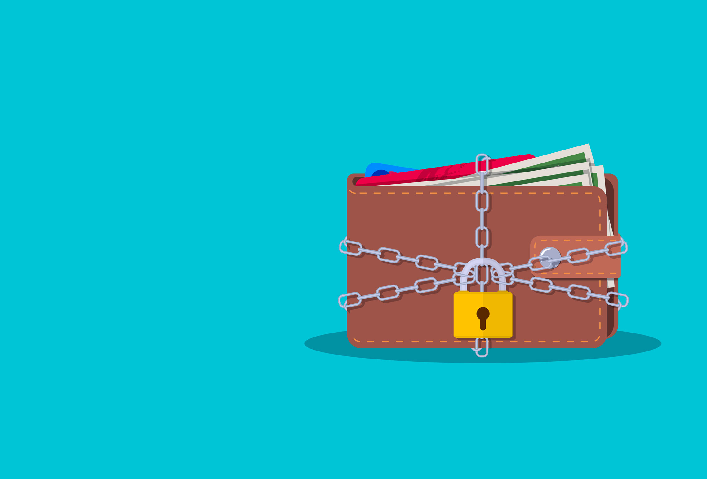 Een bruine portemonnee, gesloten met een ketting en hangslot, met enkele zichtbare bankbiljetten.