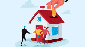 Een hand plaatst een munt op het dak van een huis terwijl twee mensen elkaar de hand schudden, wat financiële samenwerking symboliseert.