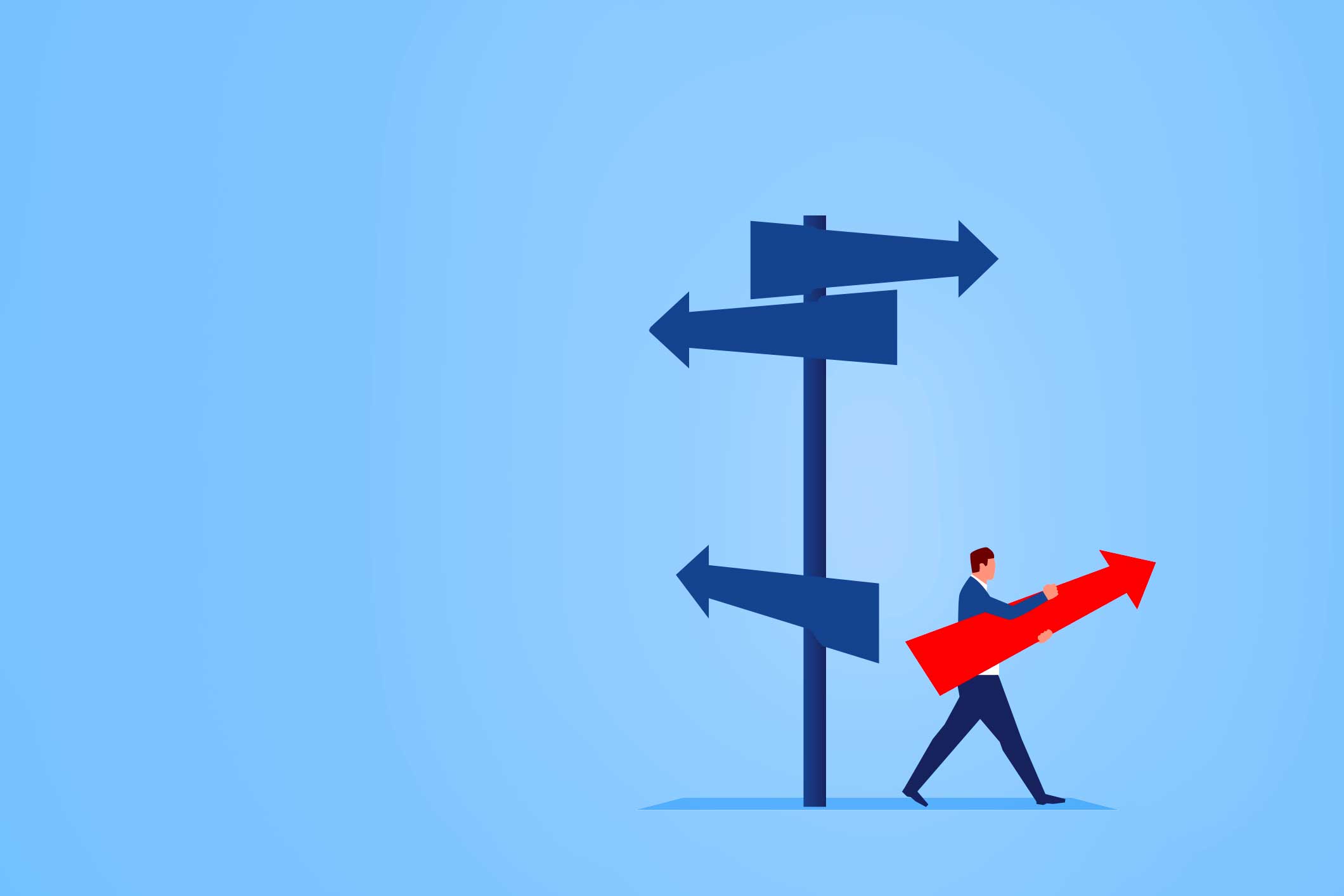 Een man in pak houdt een grote rode pijl vast terwijl hij langs een bord met verschillende uitgangsrichtingen loopt.