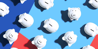 Witte spaarvarkens op een blauw-rode achtergrond, symbool voor sparen en financiële planning.