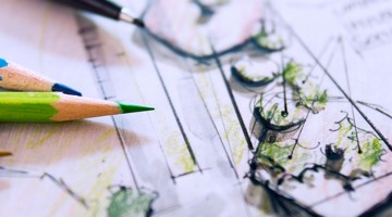 Dessins d'un aménagement de jardin réalisés avec des crayons de couleur verte et bleue sur un croquis, incluant des détails de plantes et de disposition.