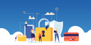 Illustration de sécurité numérique avec un cadenas fermé, des personnes et des appareils se connectant à un environnement sécurisé, et des icônes pour le cloud et le wifi.