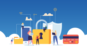 Illustration de sécurité numérique avec un cadenas fermé, des personnes et des appareils se connectant à un environnement sécurisé, et des icônes pour le cloud et le wifi.