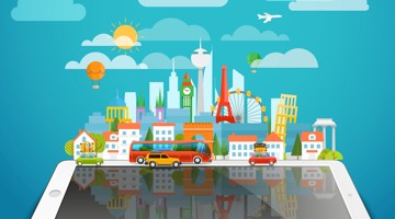 Illustration d'un paysage urbain coloré avec des bâtiments iconiques et des véhicules, affichée sur une tablette, symbolisant la technologie et le développement urbain.