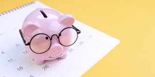Roze spaarvarken met een bril op een kalender, benadrukt financiële planning en sparen.