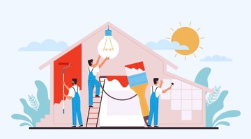 Vijf mensen zijn bezig met het verven en renoveren van een huis; één persoon schildert met een kwast, twee anderen zijn bezig met het verven van muren en één vervangt een lamp.